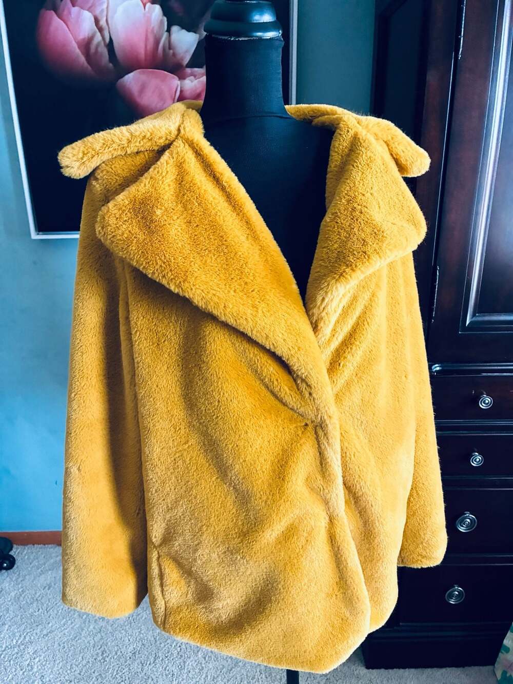 Luii Mustard Yellow Faux Fur Coat Size L A498